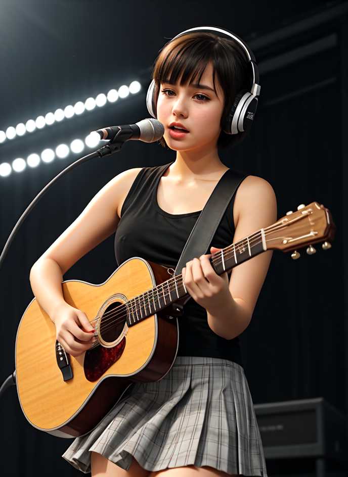00503-3884873467-mobile photo, A cute pop singer (young woman) with short hair and symmetrical teary eyes holds a guitar and sings into headphone.jpg
